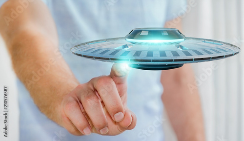 Fototapeta Naklejka Na Ścianę i Meble -  Businessman with retro UFO spaceship 3D rendering
