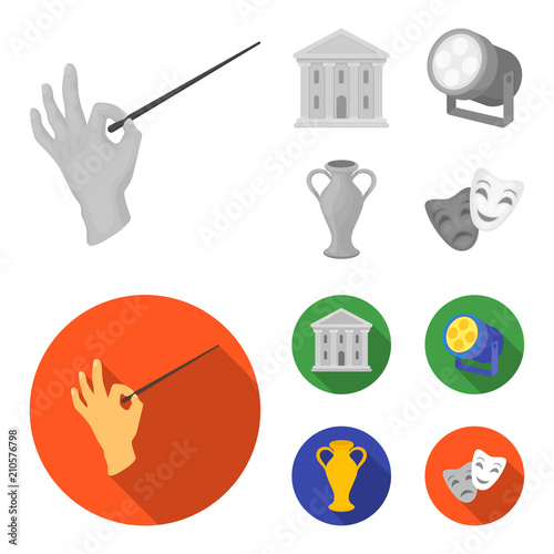 Conductor baton, theater building, searchlight, amphora.Theatre set collection icons in monochrome,flat style vector symbol stock illustration web.
