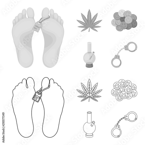 Hemp leaf, ecstasy pill, handcuffs, bong.Drug set collection icons in outline,monochrome style vector symbol stock illustration web.
