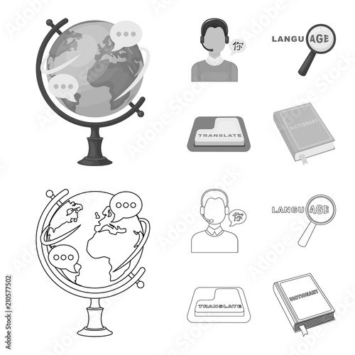 A translator in headphones, a magnifying glass showing translation, a button with an inscription, a book with a bookmark. Interpreter and translator set collection icons in outline,monochrome style