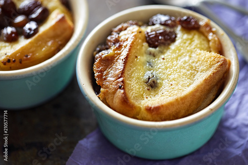 Bread and butter pudding with raisins