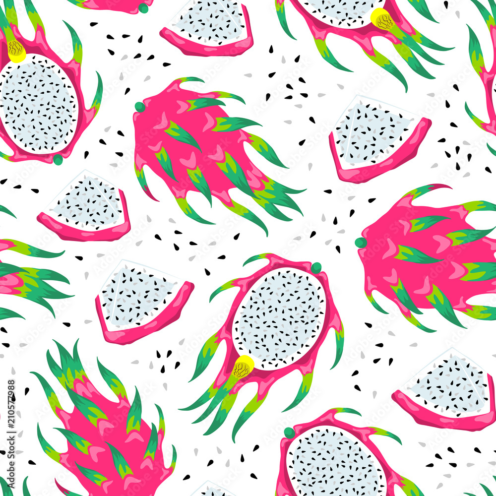 Naklejka Seamless pattern with dragon fruits isolated on white background. Vector Illustration of the exotic tropical pitayas.