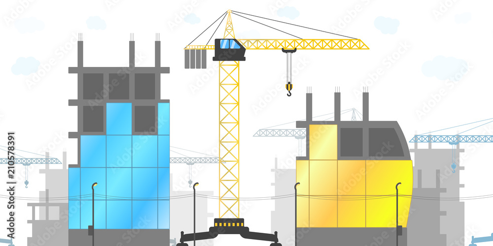 Obraz premium Panorama of the construction site with tower cranes and various buildings under construction. Vector illustration of the construction of houses.