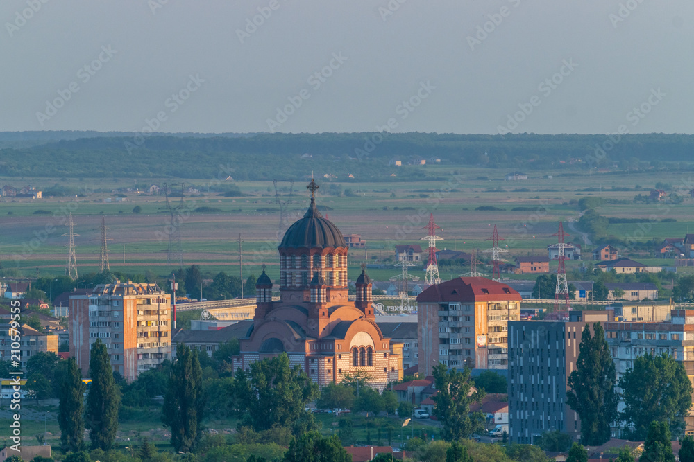 Obraz premium Oradea city viewed from above at sunset, Romania