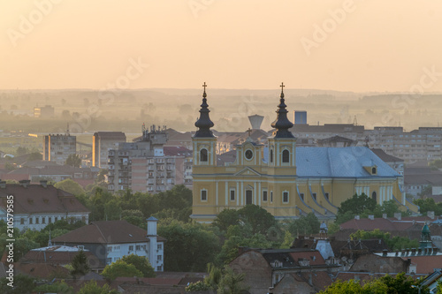 Oradea city viewed from above at sunset, Romania