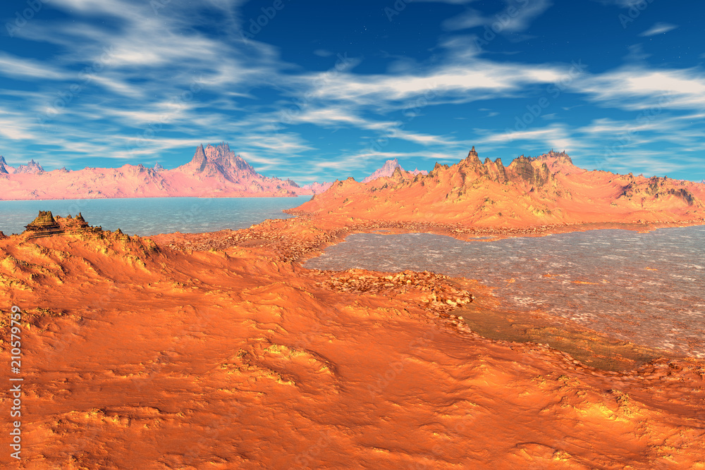 Fototapeta premium Alien Planet. Mountain and water. 3D rendering