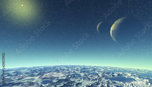 Fototapeta Naklejka Na Ścianę i Meble -  Alien Planet. Mountain and  water. 3D rendering