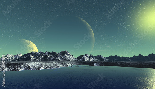 Alien Planet. Mountain and  water. 3D rendering © Pavel Parmenov