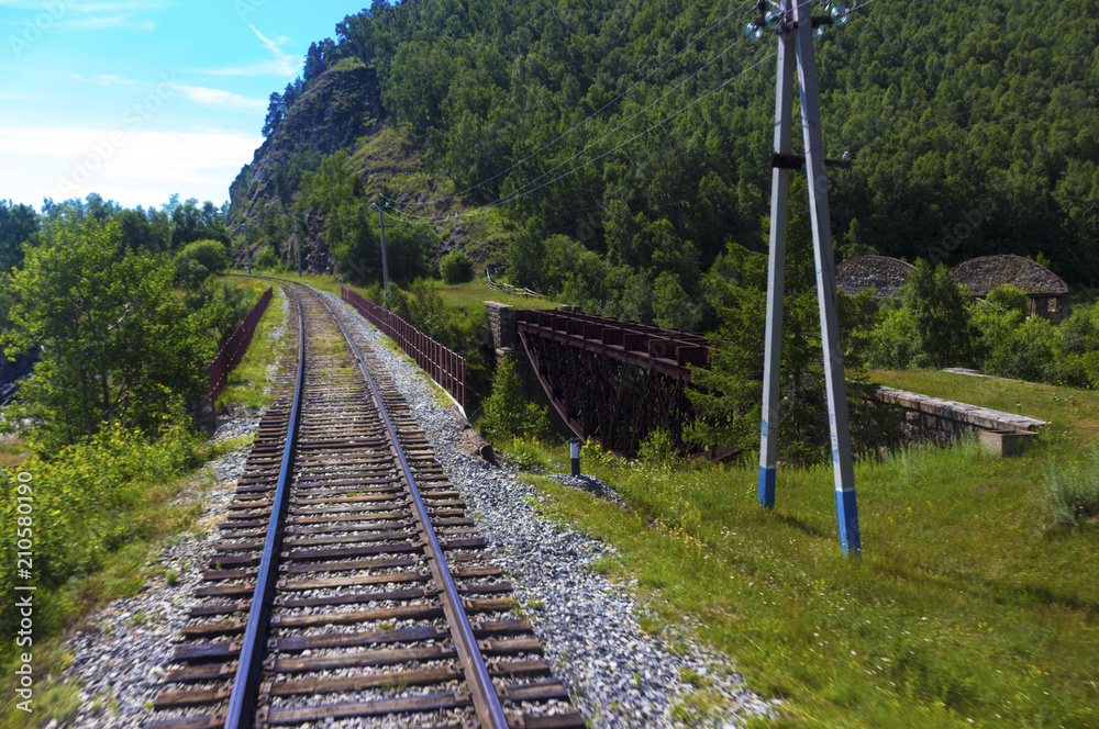 Fototapeta premium Summer landscape with old rusty non-operated railway bridge on the Circum-Baikal Railway in Siberia. Blurred foreground from train movement