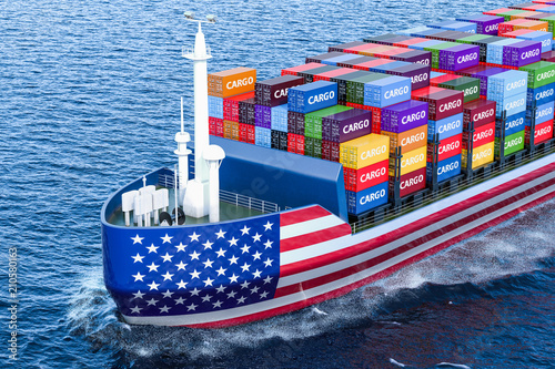 American freighter ship with cargo containers sailing in ocean, 3D rendering