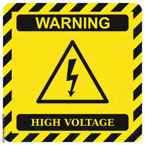 Warning high voltage sign. Black arrow isolated in yellow triangle. Warning icon.