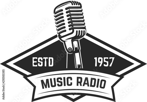 Music radio. Emblem template with retro style microphone. Design element for logo, label, sign.
