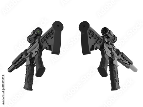 Two modern assault rifles - back view - low angle shot