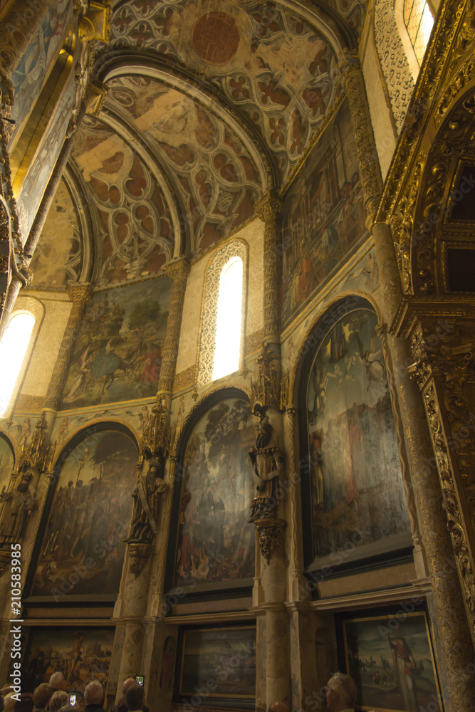 Tomar, Portugal, June 11, 2018: Interior of the Tomar's Knights Templar Round church decorated with late Gothic painting