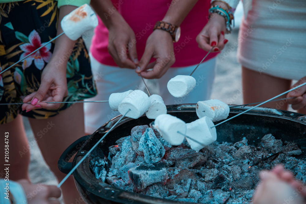 Obraz premium Group of friends are making their marshmallow on a barbecue in a beach. Summer time.