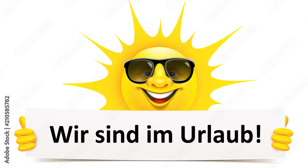 Cartoon Sonne mit Sonnenbrille und Banner Wir sind im Urlaub! Stock