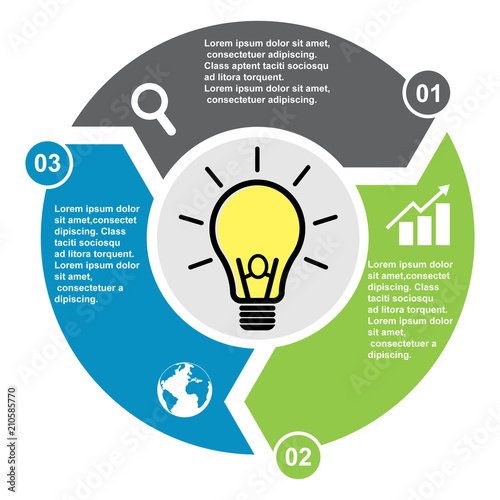 3 step vector element in three colors with labels, infographic diagram. Business concept of 3 steps or options with light bulb n