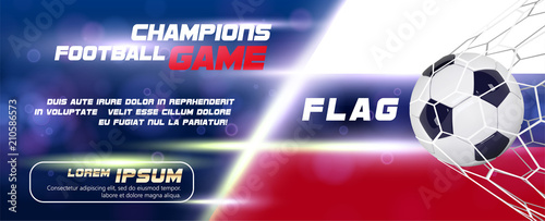 Soccer or Football wide Banner With 3d Ball on flag background. Football flyer or poster design of game match goal moment with realistic ball in the net and place for text.