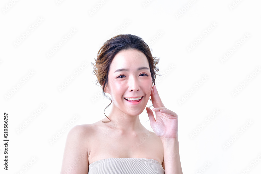 The concept of healthy beautiful woman. Beautiful women keep healthy. Beautiful women take care of skin health. Beautiful girl on white background The concept of healthy beautiful woman. Beautiful women keep healthy. Beautiful women take care of skin health. Beautiful girl on white background