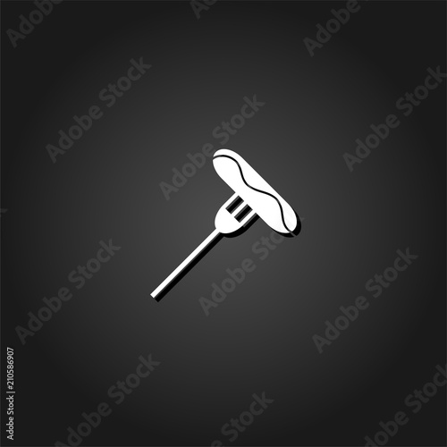 Sausage on fork icon flat. Simple White pictogram on black background with shadow. Vector illustration symbol