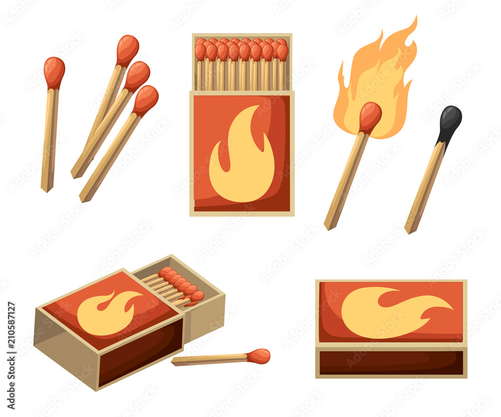 Collection of matches. Burning match with fire, opened matchbox, burnt matchstick. Flat design