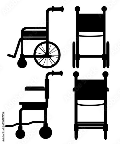Black silhouette. Hospital wheelchair. Black wheelchair. Front and side view illustration. Flat design style. Isolated on white background