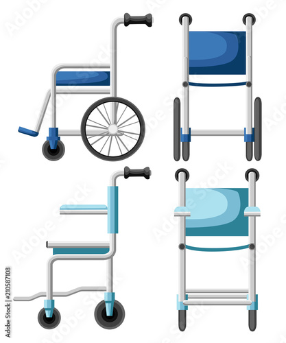 Hospital wheelchair. Blue and turquoise wheelchair. Front and side view illustration. Flat design style. Isolated on white background