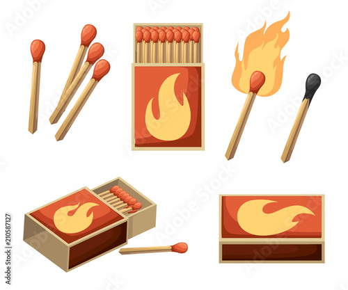 Collection of matches. Burning match with fire, opened matchbox, burnt matchstick. Flat design style. Vector illustration isolated on white background photo