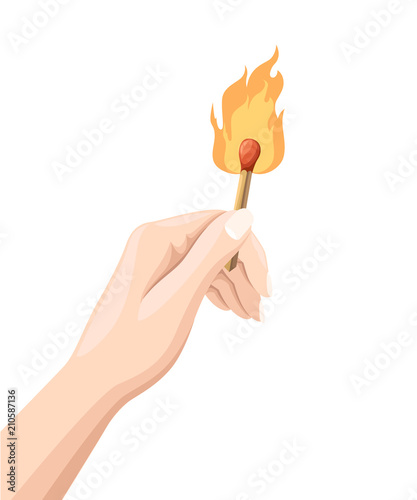 Hand holds a burning match stick. Match with fire. Flat design style. Vector illustration isolated on white background