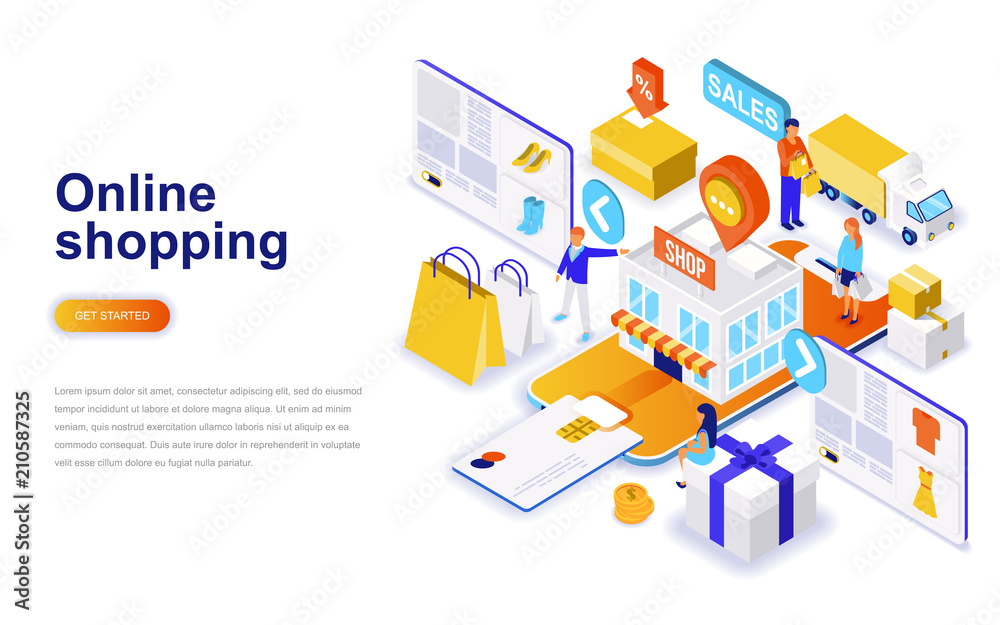 Online shopping modern flat design isometric concept. Sale, consumerism and people concept. Landing page template. Conceptual isometric vector illustration for web and graphic design.