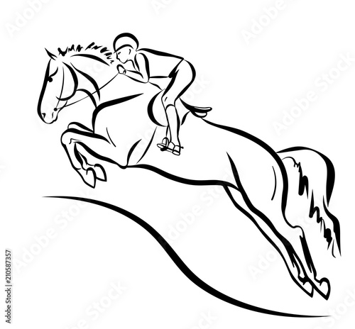 A horsewoman jumping on a horse. Equestrian sport, show jumping, eventing.