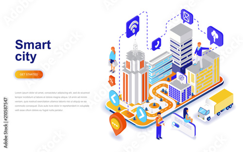 Fototapeta Naklejka Na Ścianę i Meble -  Smart city modern flat design isometric concept. Architecture and people concept. Landing page template. Conceptual isometric vector illustration for web and graphic design.
