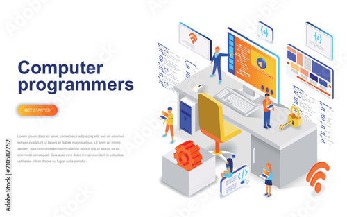 Computer programmers modern flat design isometric concept. Software development and people concept. Landing page template. Conceptual isometric vector illustration for web and graphic design.