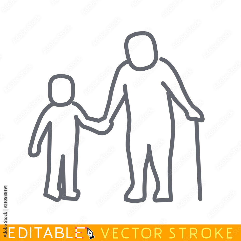 Child with senior person icon. Editable stroke sketch icon. Stock vector illustration. Child with senior person icon. Editable stroke sketch icon. Stock vector illustration.