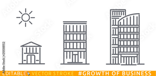 Growth of business. Buildings of company small, middle and big. Sketch line flat design of commerce architecture. Modern vector illustration concept. Fully editable outlines, saved brushes and layers.