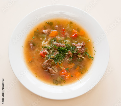 Meat soup with vegetables top view
