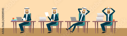 arab businessmaman sitting at office desk in different poses, hard working business man process concept, banner, flat vector illustration