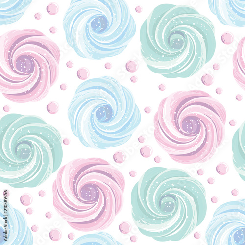 Colorful meringues zephyrs pastries cream on the white background. Dessert. Sweets and candies. Vector seamless pattern.