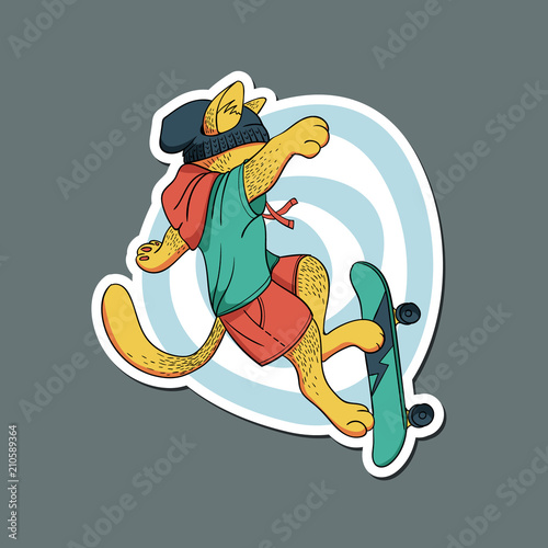 Vector sticker with cat-boys on the skateboard. Hand drawn illustration of dressed cat.