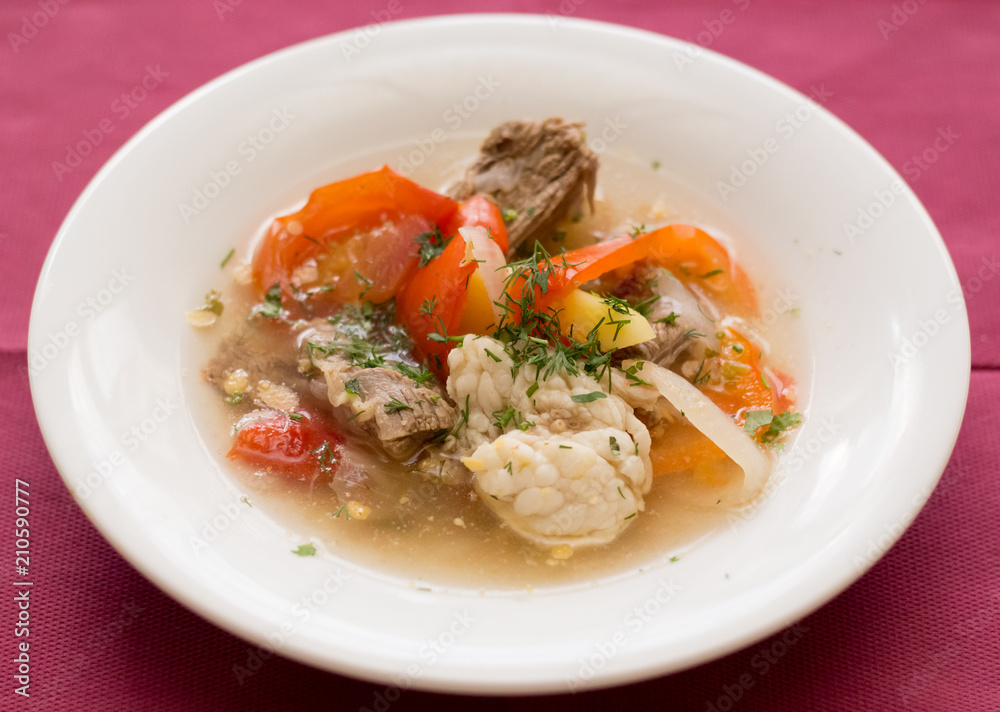 SoSoup with vegetables and meat in a plateup with vegetables and meat in a plate