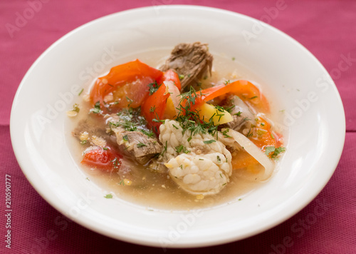 SoSoup with vegetables and meat in a plateup with vegetables and meat in a plate