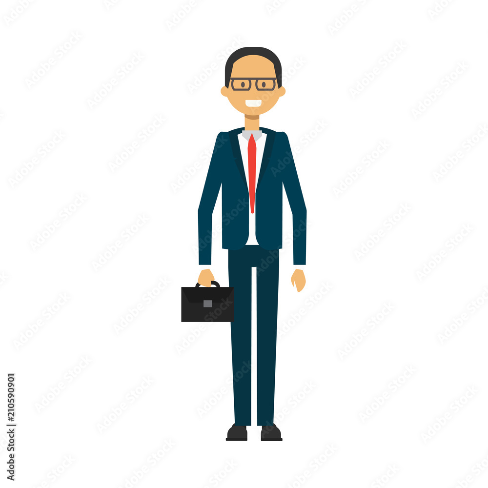 businessman with suitcase, business man full length avatar on white background, successful business concept, flat cartoon design vector illustration