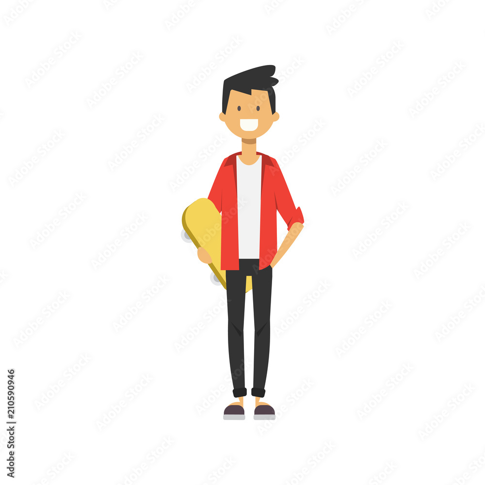 casual boy hold skateboard , happy teenager full length avatar on white  background, successful relax concept, flat cartoon design, vector  illustration Stock Vector | Adobe Stock