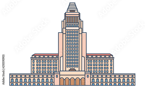 Los Angeles city hall building in thin line style. LA center of government, top rated attraction, popular sight - vector illustration in outline design.