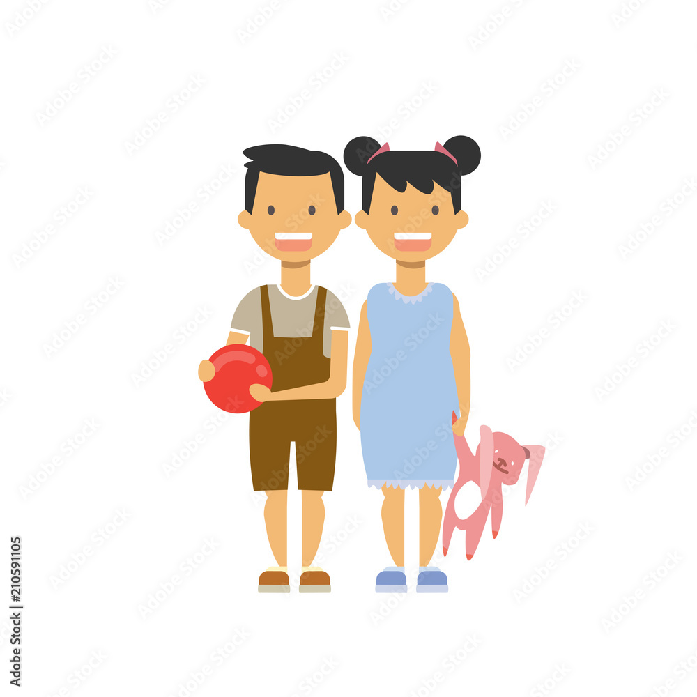 little girl hold toy rabbit and boy with ball , happy brother sister full  length avatar on white background, successful frienship concept, flat  cartoon design vector illustration Stock Vector | Adobe Stock