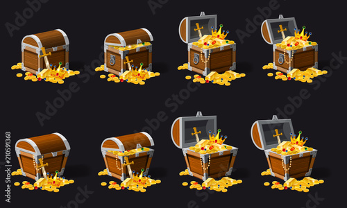 Set old pirate chests full of treasures, gold coins, vector, cartoon style, illustration, isolated. For games, advertising applications
