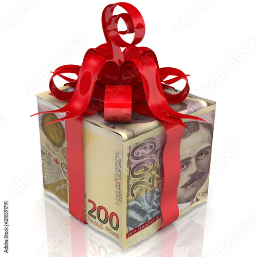 Georgian money as a gift. The box made from bills of 200 Georgian lari tied with a red ribbon and a bow. 3D Illustration