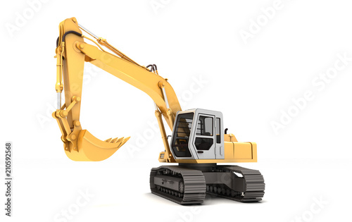 Fototapeta Naklejka Na Ścianę i Meble -  Hydraulic Excavator with bucket turned to left. 3d illustration. Side view. Isolated on white background