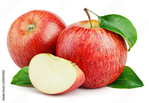 Ripe red apple fruits with apple slice and apple green leaves isolated on white background. Red apples and leaves with clipping path