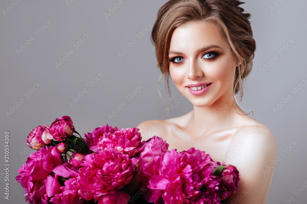 Beautiful model girl with flowers peony Beautiful model girl with flowers peony